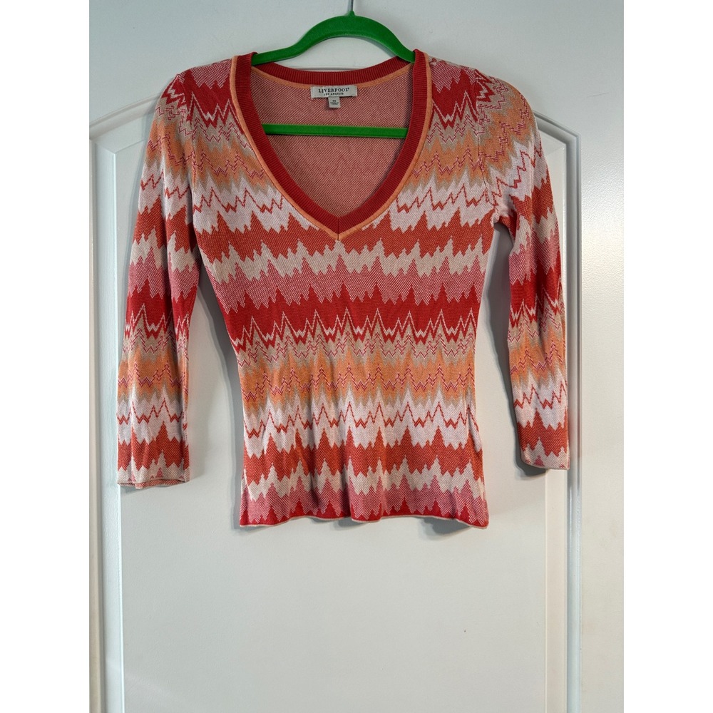 Liverpool Knit Top XS Orange Chevron V-Neck 3/4 Sleeve Zig Zag Boho Chic